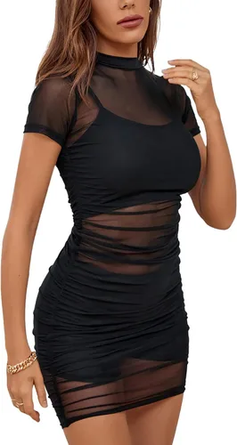 Miniatura 3 de Rooscier Vestido de malla para mujer, de manga corta, ajustado, de 3 piezas, con pantalones cortos