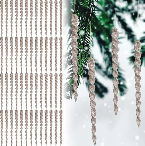 60 piezas de adornos de carámbano torcido, decoración de árbol de Navidad, tiras en espiral con purpurina para colgar en Navidad, fiestas, Champán