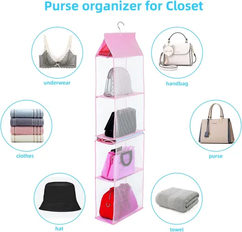 Miniatura 5 de KEEPJOY Organizador de bolso para armario, organizador de bolso colgante con 4 estantes de malla de alta resistencia (rosa)