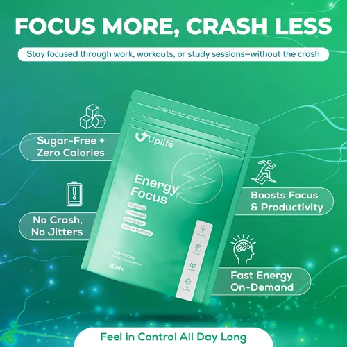 Miniatura 5 de UPLIFE Focus and Energy Mints - 120 unidades – Hecho en Estados Unidos – Goma de mascar de cafeína natural nootrópica de acción rápida de 40 mg