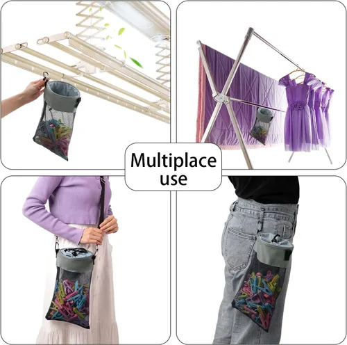 Miniatura 5 de Bolsa de malla con ganchos para colgar ropa con cierre de cordón, soporte para pinzas para ropa, ventilación y resistencia a la humedad, organizador
