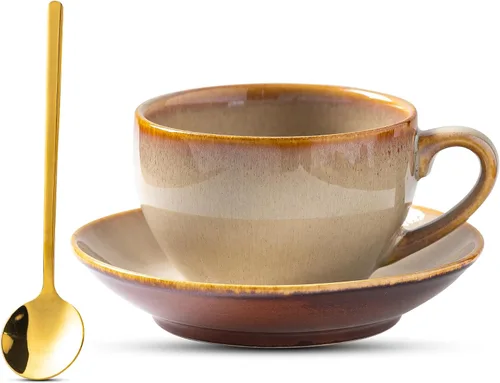 Miniatura 15 de Taza de Cerámica para Arte Latte con Platillo - 10 oz, Fondo Redondo para Vertidos Perfectos - Tazas de Café para Capuchino, Espresso, Café, Té