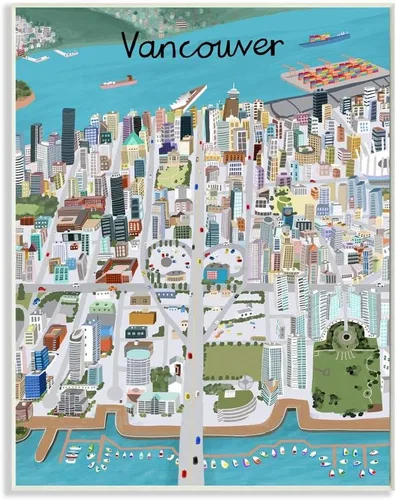 Stupell Industries Colorido paisaje urbano de Vancouver Canadá, diseñado por Carla Daly Art, 10 x 15 pulgadas, placa de pared