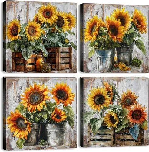 Arte de Pared de Lienzo de Girasol Rústico Decoración de Pared de Cocina Estilo Granja Cuadro de Comedor Pósteres de Ramo Vintage Impresiones para