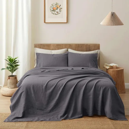 ATLINIA Juego de ropa de cama de lino de lino 100% puro - Tela de lino francés lavado a la piedra, sábana bajera de bolsillo profundo, sábana plana