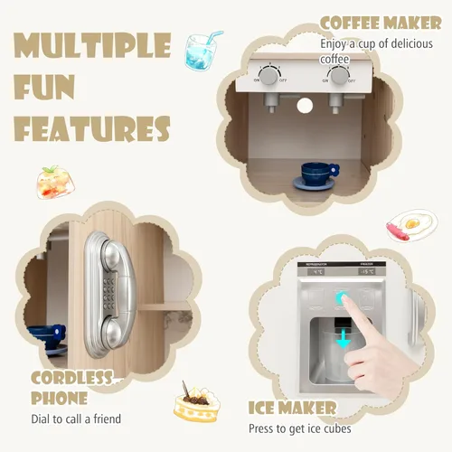 Miniatura 3 de HONEY JOY Juego de cocina para niños con luces, juego de cocina de madera con 2 contenedores de almacenamiento, cafetera, microondas, máquina