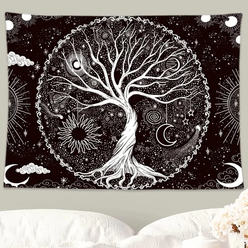 Miniatura 6 de Wonrizon Tapiz del árbol de la vida, tapiz espacial de galaxia en blanco y negro, decoración estética psicodélica para colgar en la pared para sala
