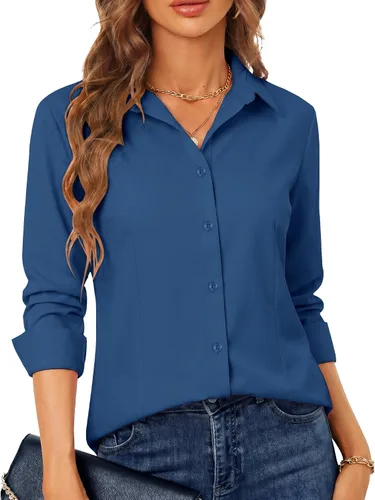Miniatura 18 de BBIBBI Camisa de vestir elástica de manga larga con botones para mujer, blusa de trabajo casual de negocios (clásica, recortada y alta)