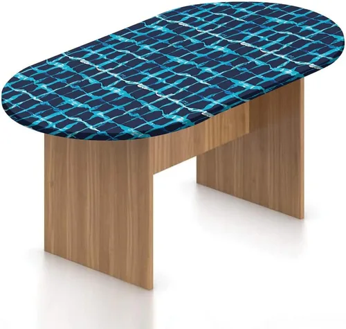 XISUNYA Mantel ajustable ovalado de poliéster con bordes elásticos índigo, diseño geométrico de líneas cuadradas de acuarela, color aguamarina, para