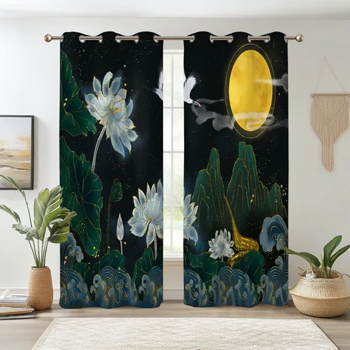 Miniatura 15 de Renaiss Cortinas de carpa para ventana, 29 pulgadas de ancho x 45 pulgadas de alto, pintura de tinta oriental, hojas de loto, lirio de agua negro