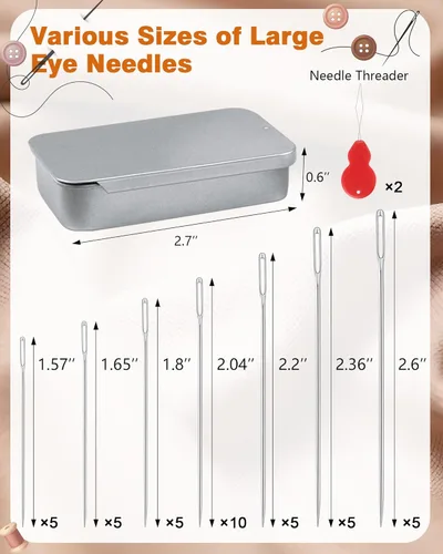 Miniatura 2 de FIVEIZERO 80/40 PCS agujas de coser de acero inoxidable premium, 7 tamaños de agujas afiladas de costura de ojo grande, aguja de cuero aguja de hilo
