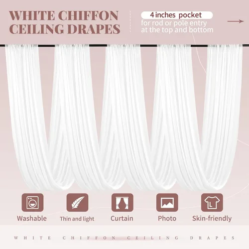 Miniatura 3 de 4 paneles de cortinas blancas para techo de boda, cortinas de techo de 5 x 10 pies, cortinas de tela transparente para arco de boda, cortinas