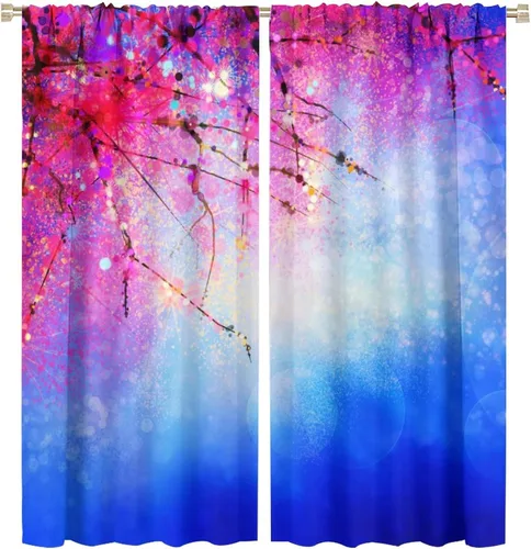 Miniatura 12 de Cortinas opacas con diseño floral de galaxia azul abstracta para dormitorio, cortinas de ventana de teñido anudado con diseño de flor de cerezo