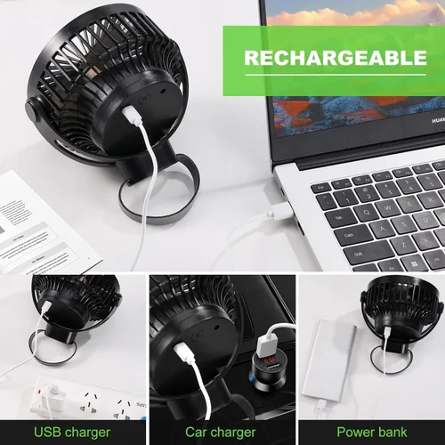 Miniatura 5 de Odoland Paquete de 2 ventiladores recargables de 10000 mAh con gancho para colgar, ventilador portátil a batería, flujo de aire fuerte y silencioso