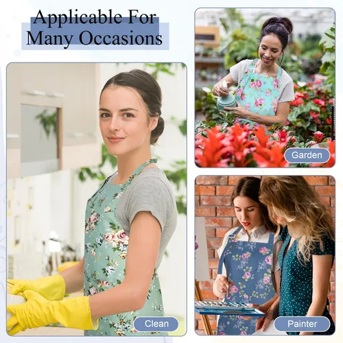 Miniatura 6 de Auidy_6TXD Paquete de 3 delantales florales para mujer, delantales de cocina ajustables con 2 bolsillos, delantal vintage con diseño floral de rosa