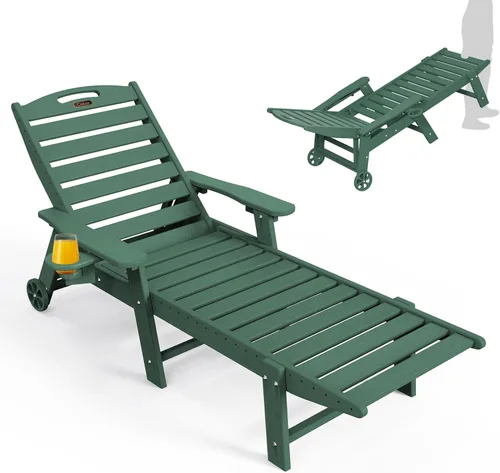 Miniatura 23 de Ciokea Silla de Descanso para Exteriores, Tumbona de Gran Tamaño con 5 Posiciones, HDPE, Silla de Descanso de Patio con Ruedas y Portavasos para Gris