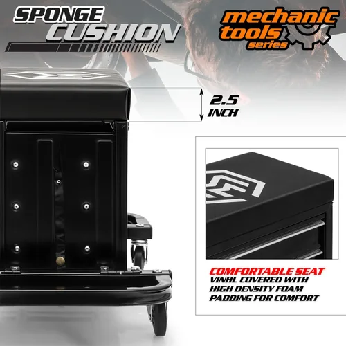 Miniatura 5 de M-AUTO Taburete Mecánico Rodante Taburete de Caja de Herramientas de Garaje Asiento de Cofre de Herramientas con Ruedas, Capacidad de 350 LBS