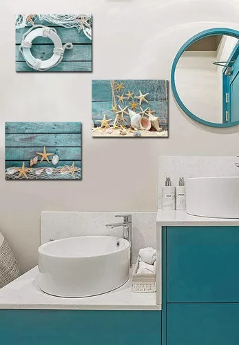 Miniatura 4 de Biuteawal - 3 piezas de lienzo para pared, diseño de concha de estrella de mar sobre tablero verde azulado, impresiones de playa, naturaleza, lienzo