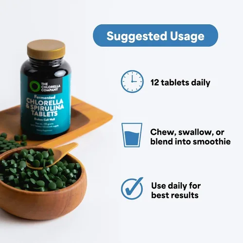 Miniatura 4 de Tabletas fermentadas de clorella y espirulina, 540 tabletas (suministro de 1.5 meses) Pared celular rota para absorción de nutrientes, superalimento