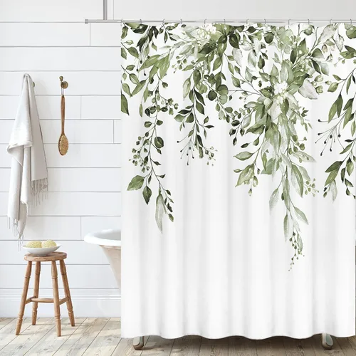 Miniatura 2 de Tititex - Juego de cortinas de regadera de eucalipto verde oliva, hojas de acuarela en la parte superior, decoración floral de baño, 72 x 78 Hojas