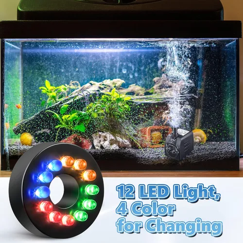 Miniatura 6 de Paquete de 2 bombas sumergibles de fuente de 15 W 220 GPH con 12 luces LED de color, bomba de fuente pequeña con 4 boquillas de pulverización