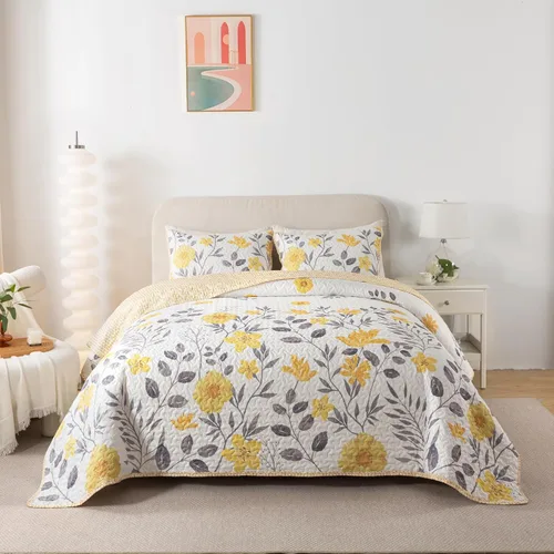 Miniatura 2 de Soul & Lane May Flowers - Juego de edredón gris y amarillo, tamaño individual con 1 funda, colcha acolchada floral ligera de verano, ropa de cama