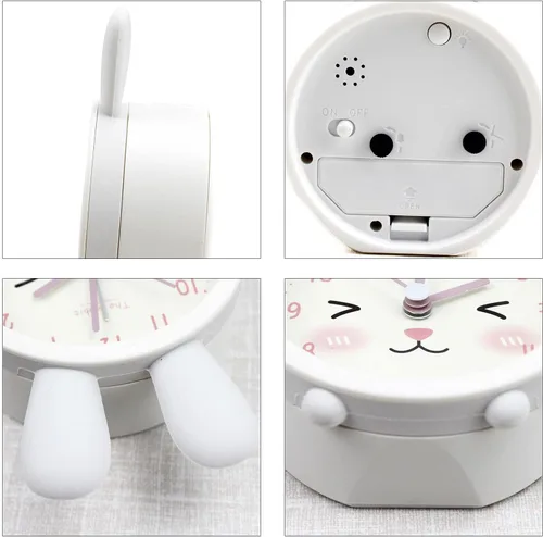 Miniatura 6 de Reloj despertador de silicona silencioso sin tictac para niños, con diseño de animal, para viajes, con luz nocturna (A- conejo blanco)