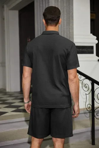 Miniatura 4 de COOFANDY Conjunto de camisa polo y pantalones cortos de punto gofre para hombre, conjunto de 2 piezas, traje de verano casual con bolsillos