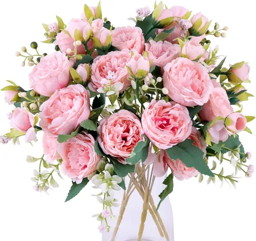 Miniatura 12 de Floweroyal 4 Ramos de Flores Artificiales de Peonía Color Champán, Ramos de Peonías de Seda para Bodas, Fiestas, Centros de Mesa de Mesa, Arreglos