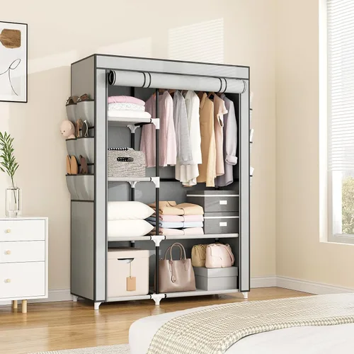 Miniatura 7 de VTRIN Armario Ropero, 41.7 Pulgadas de Ancho Armarios Portátiles para Colgar Ropa con 1 Barra para Colgar, 6 Estantes, 6 Bolsillos, Perchero