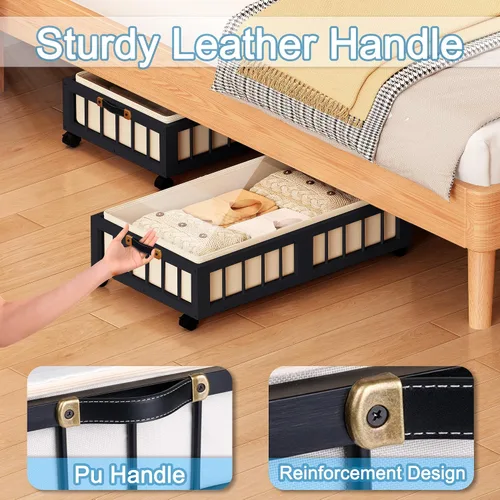 Miniatura 6 de efluky Paquete de 2 contenedores de almacenamiento de bambú debajo de la cama con ruedas, cesta de almacenamiento de ropa debajo de la cama