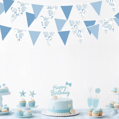 Miniatura 4 de Decoraciones náuticas costeras de 32 pies para fiestas de playa, lazo azul, estrellas de mar, conchas de mar, banderines de tela con banderines