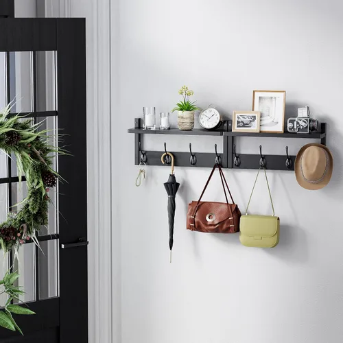 Miniatura 2 de STELLSTAR Perchero con estante, paquete de 2 perchas de bambú para montar en la pared con 8 ganchos para entrada, pasillo, cocina, baño, sala