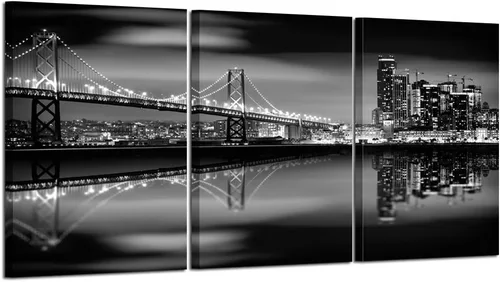 KREATIVE ARTS - Bahía de San Francisco por la noche en puente blanco y negro, 3 paneles de arte de paisaje moderno, impresiones sobre lienzo, arte