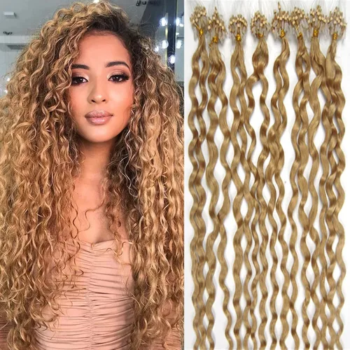 Miniatura 11 de Micro Link - Extensiones de cabello rizado con micro anillo, punta de bucle, cabello humano Remy real, color marrón oscuro, 20 pulgadas, 100 s #02