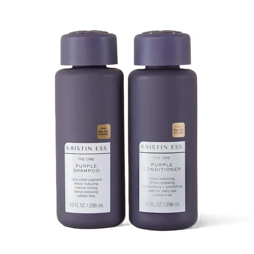 Kristin Ess Juego de champú y acondicionador de cabello morado para rubio, moreno, plateado + cabello gris, anti latón + tonos amarillos, seguro