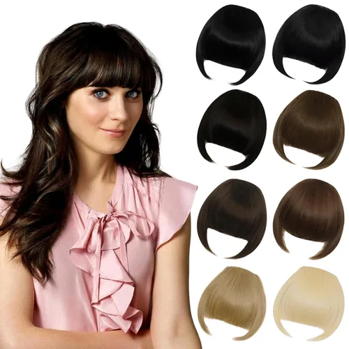 Extensiones de cabello sintético con clip, flequillo francés, con sienes, color marrón ceniza, flequillo falso natural con clip para mujer, uso
