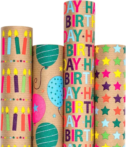 Miniatura 11 de RUSPEPA Rollos de papel kraft para envolver regalos - Diseño de arcoíris de cumpleaños colorido, total de 4 rollos (30 pulgadas x 10 pies, 4 rollos)