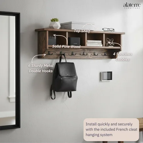 Miniatura 5 de Alaterre Furniture Perchero Industrial Pomona de 48 Pulgadas Montado en Pared con 6 Ganchos Resistentes y 4 Compartimentos Abiertos, Organizador