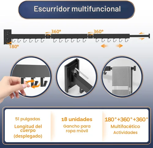 Miniatura 5 de ZdwCyl Tendedero para ropa montado en la pared, estante de lavandería de pared, tendedero de ropa para lavandería, bastidores retráctiles, estante