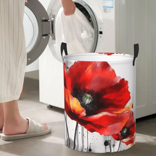 Miniatura 7 de Beautiful Poppy Flower Ink print Circular Hamper Waterproof Storage Bin Organizer Basket Laundry Hamper With Handles For Clothes Toys Medium