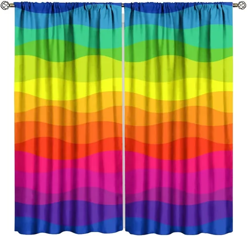 Miniatura 10 de Cortinas opacas abstractas de arco iris, pintura de color arcoíris con gotas, diseño gráfico creativo con bolsillo para barra, para sala de estar