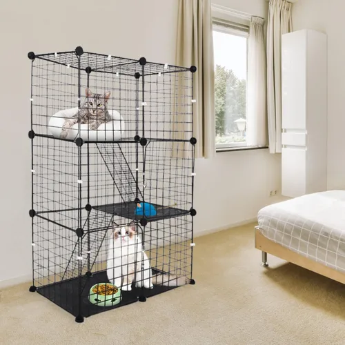 Miniatura 5 de Jaula de 3 niveles para gatos, casa de metal para interiores, casa desmontable para gatitos con 3 puertas, 2 escaleras, lugar de ejercicio