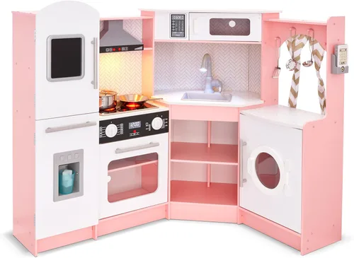 Miniatura 12 de Lil' Jumbl Juego de cocina de esquina para niños, cocina de lujo de madera de simulación, máquina de hielo a pilas, estufa y grifo con sonido Negro