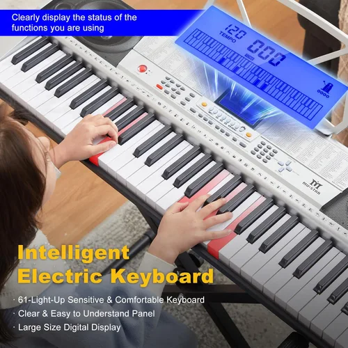 Miniatura 3 de MUSTAR Teclado de Piano de 61 Teclas, Teclado de Piano Eléctrico MEKS-400 con Teclas Iluminadas, Teclados de Piano de Aprendizaje para Plateado