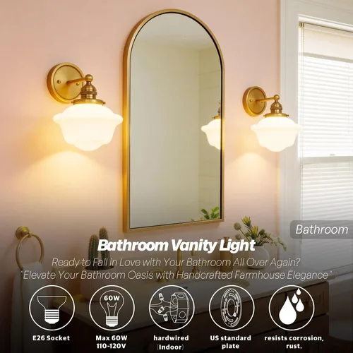 Miniatura 3 de Aplique de Pared Dorado, Luz Vintage para Tocador de Baño, Modernos Apliques de Vidrio Esmerilado Blanco Lechoso, Luces de Pared de Latón para Sala