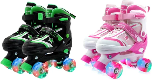 Patines de ruedas para niños y niñas, 4 tamaños ajustables para niños con ruedas iluminadas, patines para niños y niñas de 5 a 8 a 12 años, verde y