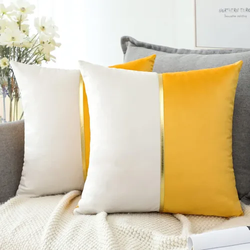 OTOSTAR Fundas de almohada de terciopelo amarillo y blanco con retazo de cuero dorado, lujosas, modernas, minimalistas, cuadradas, para sala de