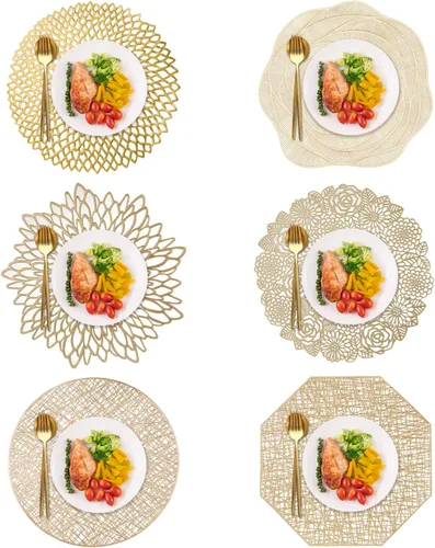 Miniatura 6 de 10 manteles individuales redondos de vinilo prensado dorado, manteles individuales metálicos, antideslizantes, para bodas, cenas, fiestas, Flor