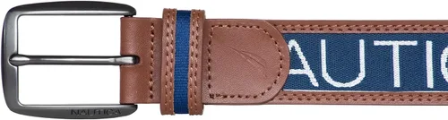 Miniatura 3 de Nautica Men's Signature Leather and Canvas Belt Ribbon Detail Flag Design Classic Casual Metal Buckle